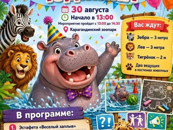 Юджин, трехтонный бегемот из Карагандинского зоопарка, отмечает день рождения