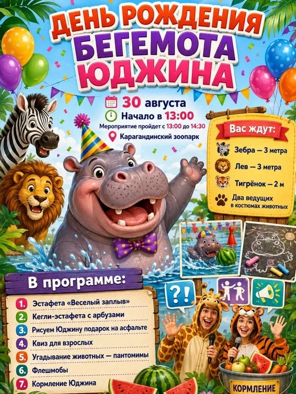 Бегемот весом три тонны: Юджин из Карагандинского зоопарка отмечает день рождения